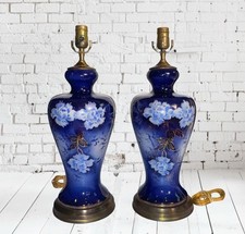 GORGEOUS PAIR COBALT GOLD LINED PORCELAIN BRASS FLORAL TABLE LAMPS JAPAN? picture