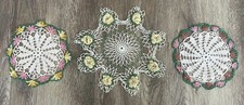 3 VTG Hand Knit Crocheted Doilies Pastel Pink Yellow Green Roses Cottagecore picture