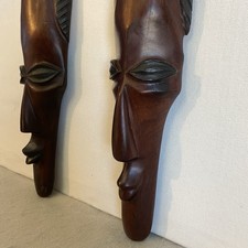 Pair of  Vtg  MCM Hand  Carved Wood African Fang Style Long Face Masks  Wall Art picture