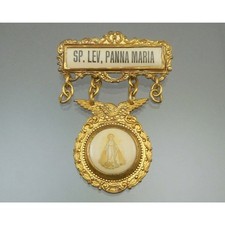 Antique Polish Catholic Religion Miraculous Medal Pin Panna Maria Mary Celluloid picture