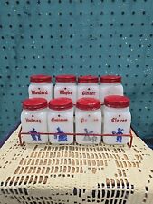 Vintage Set 8 Milk Glass Spice Shakers Red Lids W/ Rack Dutch ORIGINAL LABELS picture