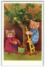 c1910's Anthropomorphic Cute Cat Climbing Tree Ladder Harvesting Apple Postcard picture
