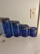 Set Of 4 Cobalt Blue Glass Kitchen Canisters With Wire Clasp Excellent Condition picture