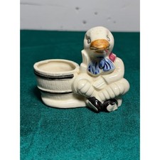 Vintage Japan Ceramic Duck Planter Figurine with Barrel Blue Bow Tie Handpainted picture