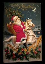 SILK~Santa Claus on Horse w. Toys~USA Flag~Patriotic 1907~Christmas Postcard~r25 picture
