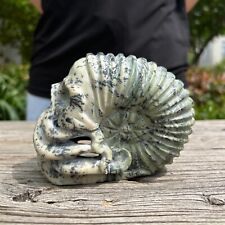 2.7LB 5'' Natural Dendritic Jade Octopus Skull Statue Healing Crystal Carving picture