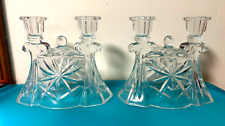 Vintage Clear Crystal Glass Double Candle Sticks Set of 2 picture