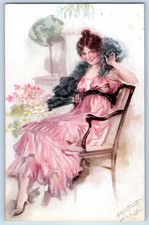 c1910's Glamour Pretty Woman Pink Dress Flowers Signed Artist Antique Postcard picture