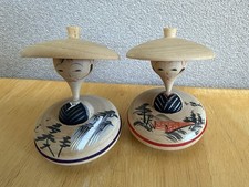 Vintage Japanese Wooden Kokeshi Spinning Tops Set of2 HandPainted Folk Art 1960s picture