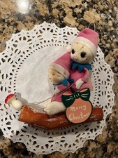 Vintage Christmas Felt Snow Babies On Log Ornament picture