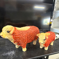Vintage Ceramic Sheep/Lamb Still Coin Bank Figures Set of 2 Red & Cream picture