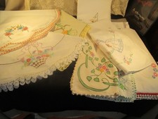 VTG. 15 COTTON TABLECLOTHS EMB. CROCHET SQ. & RD. 32