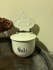 Antique German Enamelware SALT SALZ Canister Wall Box White & Black w Hinged Lid picture