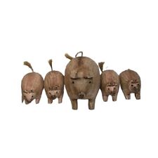 Wooden Carved Mother Pig 4 Baby Piglets Figures Figurines Collectible Set Of 5 picture