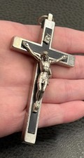 Vintage 4” Huge Italy Crucifix Pendant Black Enamel INRI Nun Cross Silver Tone picture