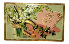 Antique German Christmas Postcard Best Wishes Mistletoe Horseshoe Embossed c1910 picture