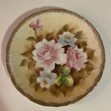 Antique  Hand Painted Rose Plate Vintage Pink And Blue Roses picture
