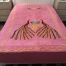 Vintage Pink Chenille Double Peacocks  Full/Queen Bedspread Coverlet  picture