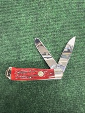 Queen USA Big Boy 1065 Carbon Steel 2 Blade Trapper Red Jigged Bone Pocket Knife picture