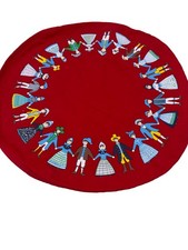 Vintage 60s Red Set of 4 Round Placemats Folk Art Cotton Denmark picture