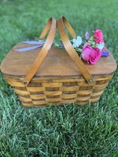VNT ‘50s Basketville Wooden Woven Picnic Basket with Hinged Solid Lid. Putney VT picture