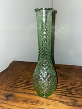 Vintage Green Glass Bud Vase – Diamond Quilt Pattern – Bulb Base – Mid-Century picture
