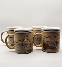 Vtg Otagiri Japan Stoneware Mug Set of 4 Nautical Sailboat Seagull Harbor Relief picture