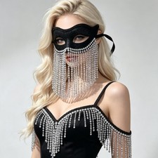 Black Glitter Rhinestone Tassel Venetian Half Mask Halloween Masquerade Cosplay picture