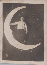 Boy Standing Crescent Paper Moon Studio Prop Portrait Stars RPPC 1910s Postcard picture