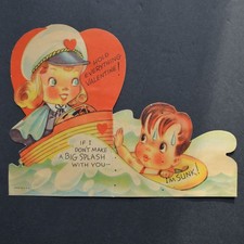 Hold Everything Valentine Vintage Card Boy Girl Ship Sinking picture