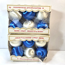 Vintage Merri-Craft 2” Satin Christmas Ornaments 12 Count Blue And White Balls picture