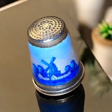 Argentium Silver Thimble With Dutch Windmill Blue Enamel Design 935 (F110) picture