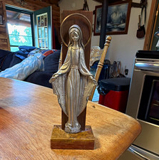 Vintage Virgin Mary Madonna Pewter Peltro Figure on Wood Base Backer Italy picture