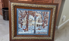 Antique Gilt Gesso Wood Frame w/Needlepoint Winter Home Scene 30x26 Fits 20x16 picture