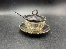 Vintage Italian Silver Plate Cut Glass Condiment Jam Pot Dish Lid Spoon Set picture