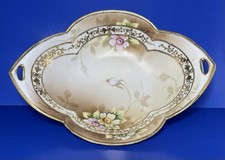 Vintage NIPPON Hand Painted Japanese Porcelain Handled 8”x 5 3/4 Bowl Nut Dish picture