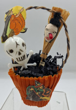 Vintage Halloween Orange Crepe Paper Nut Cup Spun Cotton Witch Stickers Skull picture