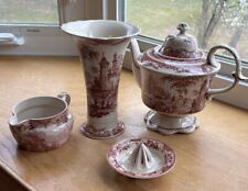 Red Toile Burton & Burton Tea Pot, Creamer Pitcher, Madison Bay Vase & Strainer picture