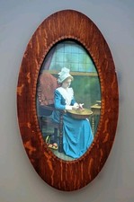 Antique Print Woman Peeling Apples Primitive Quarter Sawn Oak Wood Frame 19x11