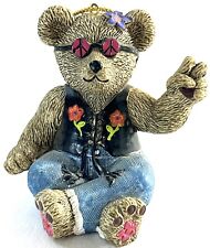 1997 Claire's Teddy Bear Resin Christmas Ornament Peace Hippy Flower Power picture