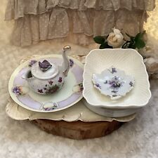 6 Vintage lavender pansies floral porcelain trinket dishes plates creamer trivet picture