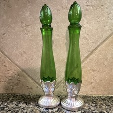 Avon Empire Green Glass Decanter Pair Silver Base Leaf Stopper Bottles 9”Tall picture