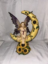 Vintage Resin Sunflower Fairy on Crescent Moon Figurine Statue Purple Wings picture