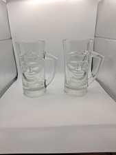 Vtg BIG DADDY Joe Flanigan's Face-Embossed Glass Beer Mug Stein, 1970's SET OF 2 picture