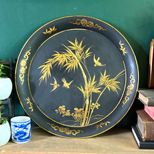 Vintage Japanese Matte Black Metal Toleware Tray Signed Gold Chinoiserie Birds picture