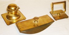 VINTAGE 3-PIECE BRASS DESK TOP SET INKWELL INK BLOTTER NAME TAG DISPLAY picture