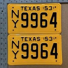 1953 Texas license plate pair NY 9964 YOM DMV HIGH QUALITY RESTORED 24726 picture