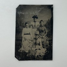 Antique Tintype Four Victorian Women Elaborate Dresses Hats 1/6 Plate picture