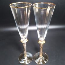 STIL Romania Art Glass Tall Champagne Flute Twisted Stem Gold Accent 10.25
