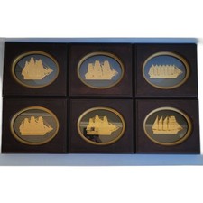 Vintage Franklin Mint Golden Age American Sail 24K Gold Ship Plaques Set 6 M18 picture